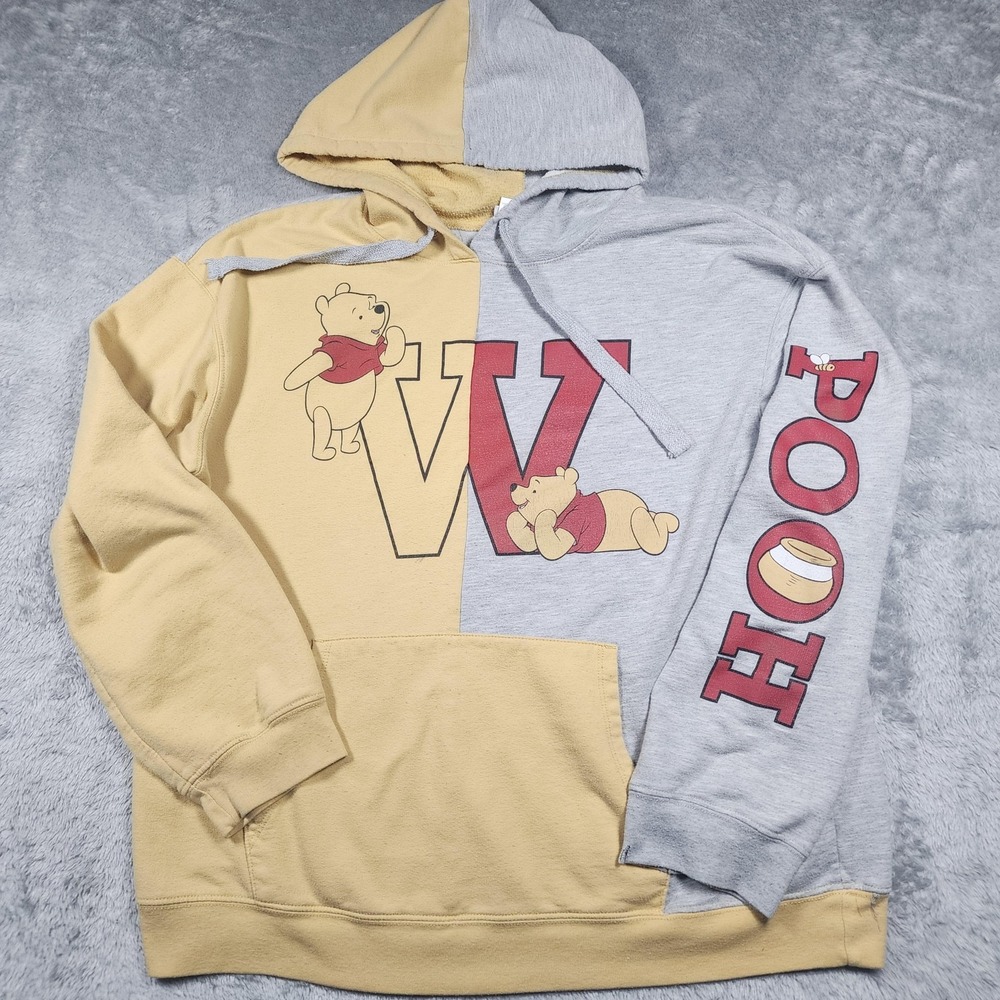 Disney Winnie The Pooh Hoodie Womens 2XL Yellow Gray Colorblock Pullover Graphic